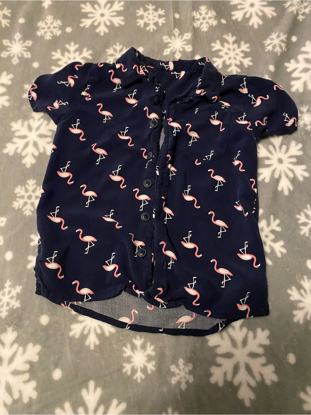 Girls Navy Pink Flamingo Button-Up Top